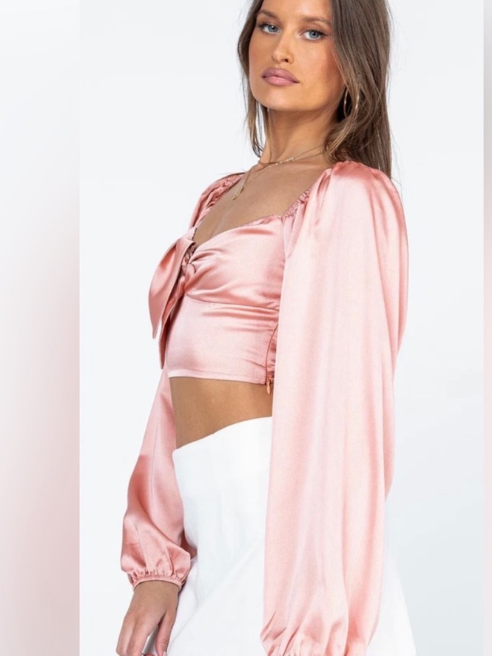 Princess Polly Rose Satin Tie-Front Long Sleeve Crop Top - Picture 2 of 6